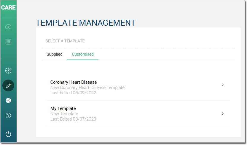 MD Care Template Management Customised Tab